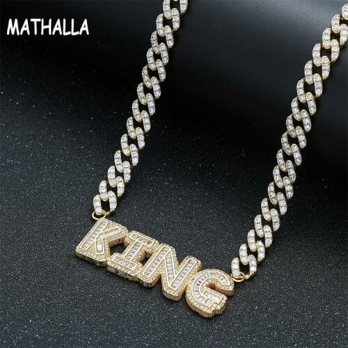 MATHALLA Bling Custom Name Pendant Hiphop Iced Out Cubic Zircon Alphabet Letters DIY Name Pendant Necklace with 9mm Cuban Chain