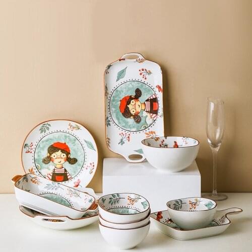Lovely Little girl cartoon Plate Bowl Set Fruit Dessert Dish Platter Soup Noodle Bowl Dinnerware Set Crockery Geen 6/7 inch