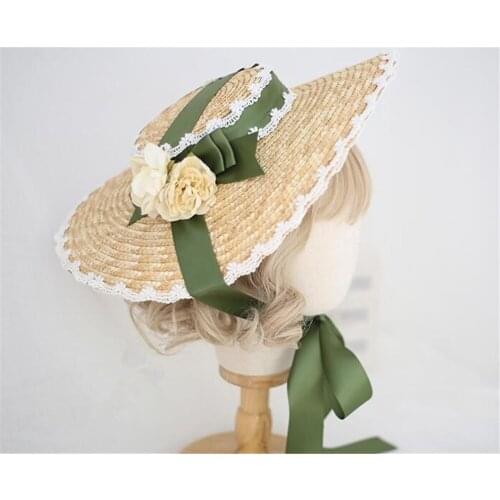 Sweet Mori Girl Lolita Lace Bandge Flower Bow Straw Flat Hat Summer Tea Party Sunhat Beach Cap B1490