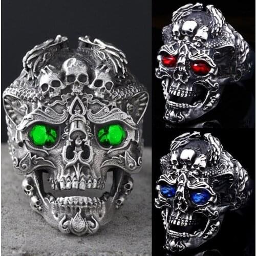 Mens 316L Stainless Steel Ring Domineering Devil Skull Red Stone Ring Motorcycle Party Punk Mens Ring Biker Jewelry Gifts