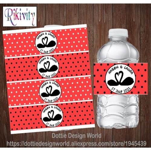 Custom Swan Love Red Polka Dot Wedding Water Bottle Wine Labels Candy Bar Wrapper Sticker Bridal Anniversary Birthday Decoration