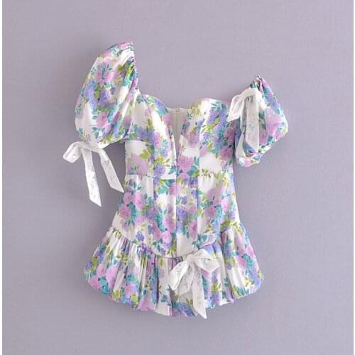 2021 Summer New First Love Is Sweet Dream Flower Bubble Sleeve Asymmetric Short Skirt Seaside Holiday Dress Sexy Dress for Women