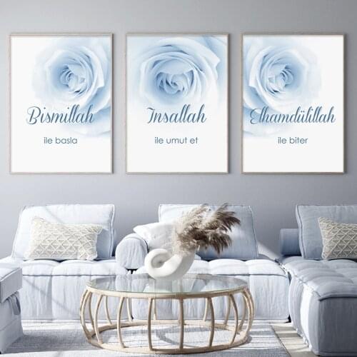 Islamic Insallah Ile Umut Et Ramadan Blue Floral Posters Canvas Painting Wall Art Print Picture Living Room Interior Home Decor