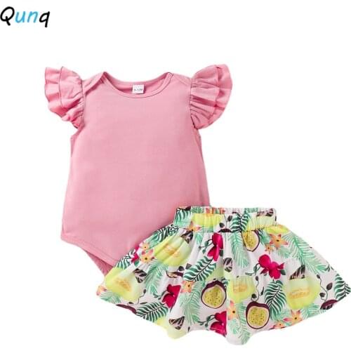 Qunq Baby Girls Clothes Headband Bodysuits Fruit Print Skirt 3pcs Newborns Suits 2021 New Summer Infant Costume Set