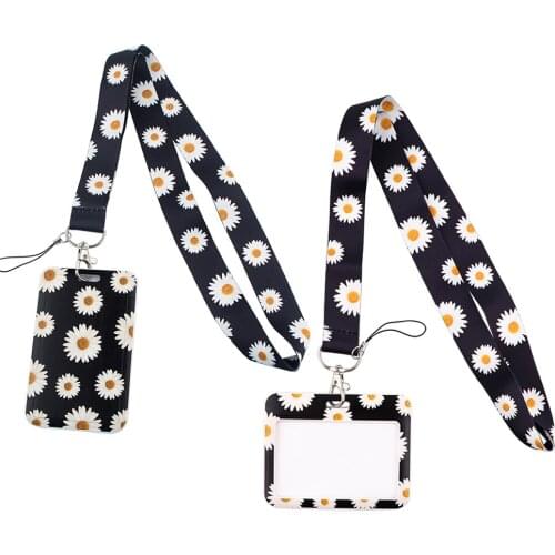 ER745 White Daisies Black Neck Strap Lanyard For Keys ID Card Gym Phone Straps USB Badge Holder DIY Hang Rope Lariat Lanyard