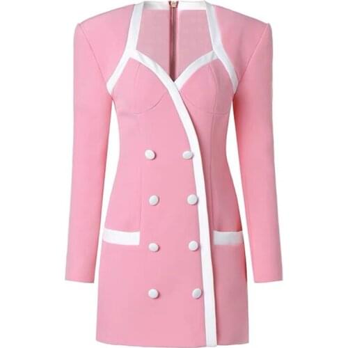 S-XL High Quality 2020 Autumn And Winter New Fashion Solid Color V-neck Wide Shoulder Long Sleeve Double Breasted Womens Dress