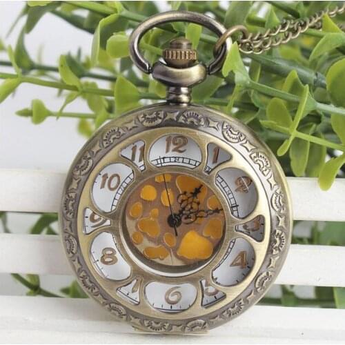 Vintage bronze Hollow out sunflower Fashion quartz woman and man pendant Necklace pocket watches