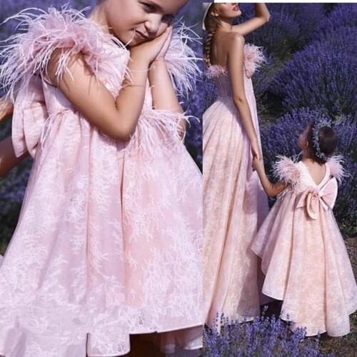 High Low Pink Feather Flower Girl Dresses Lace Girls Pageant Gowns with Cap Sleeve Birthday Party Wears for Mother and Daughter