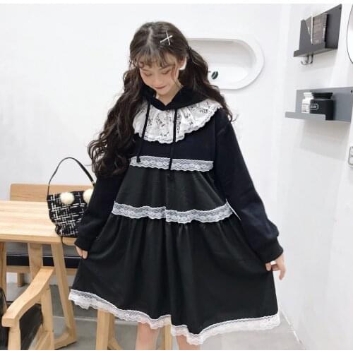 Japanese Cute Kawaii Fall Winter Warm Dress Women Black Lace Ruffles Hoodies Dress Oversized Hooded Fleece Gothic Dress Harajuku