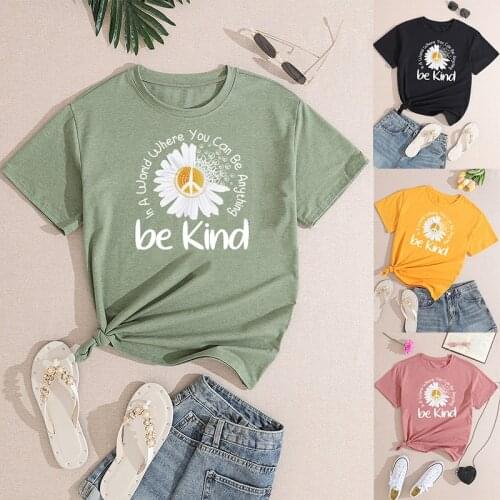 BE Kind Letter Daisy Print Ladies T-Shirt Sunflower Cotton Round Neck Top Summer Casual Street Large Size Fashion Short Sleeve
