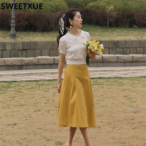 SWEETXUE Vintage Chic Sweet Outfits 2021 Summer Womens Lapel Knit Tops + High Waist Long Skirt Two-Piece Set Elegant Lady