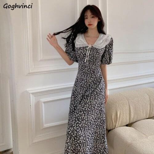 Dresses Women Puff Sleeve Sexy Ladies Vestidos Peter Pan Collar Floral All-match Vintage Simple French Style Harajuku Summer Hot
