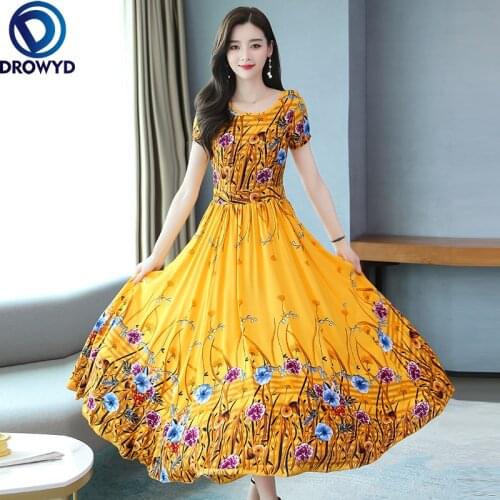 2021 Fashion Women Summer Retro Yellow Floral Print Dress Lady Elegant Short Sleeve V-neck Casual Dress Fashion Party Vestidos