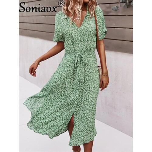 Women Casual Floral Print Maxi Dress Female Short Sleeve Button Loose V-Neck Midi Dress Summer Holiday Beach Dresses Vestidos