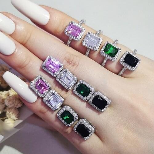 925 Sterling Silver Jewelry set halo Engagement ring round stud earring for Wedding christmas Valentines Day gift party J4743