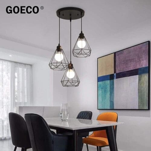 3 Lamps Diamond Pendant Light Industrial Metal Chandelier Geometric Cage Style E27 Vintage Pendant Lamp Circle Support ,Black