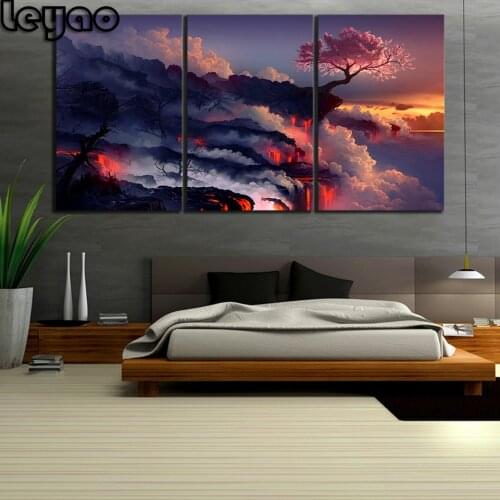 3 Piece diamond Art Scorched Earth Lava Landscape Cherry Blossom Sunset Life Blossom Fantasy Art diamond Painting Triptych Decor