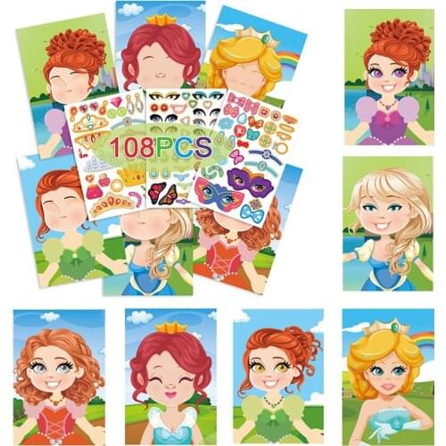 9 Sheets Dress Changing Princess Stickers Cute Face Assemble Jigsaw Puzzles Stickers Boys Girls Kids Educational Toys Games Gift
