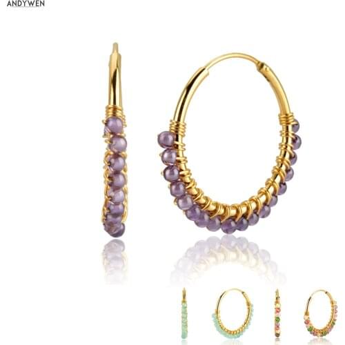 ANDYWEN 925 Sterling Silver 25MM 40MM Summer Earrings Aros Malia Piedra Luna Spring Big Hollow Beads Charm Piercing Ohrringe