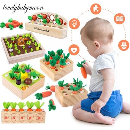 Baby Montessori Toys Wooden Block Happy Farm Pulling Carrot Shape Matching Size Cognition Montessori Educational Toy Gift Kids