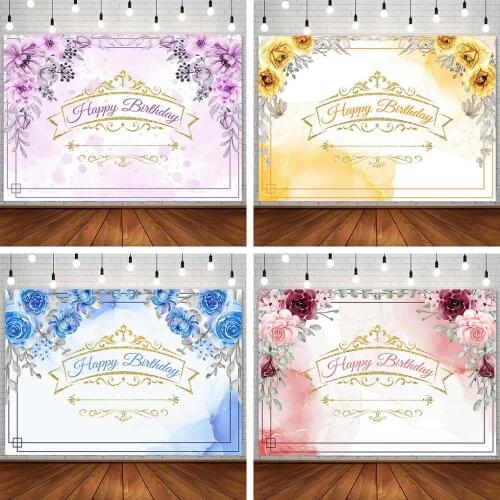 Floral Backdrop Princess Happy Birthday Party Girl Gold Crown Pink Blue Photography Background Photostudio Photozone Decor Props