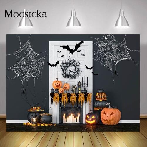 Halloween Night Party Backdrop Decorations Spider Web Fireplace Halloween Portrait Background Pumpkin Lantern Birthday Photocall