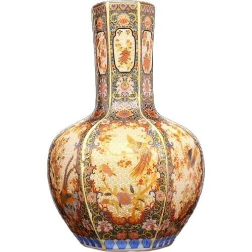Chinese Old Enamel Colored Porcelain Vase Golden Hexagonal Flower And Bird Celestial Ball Bottle