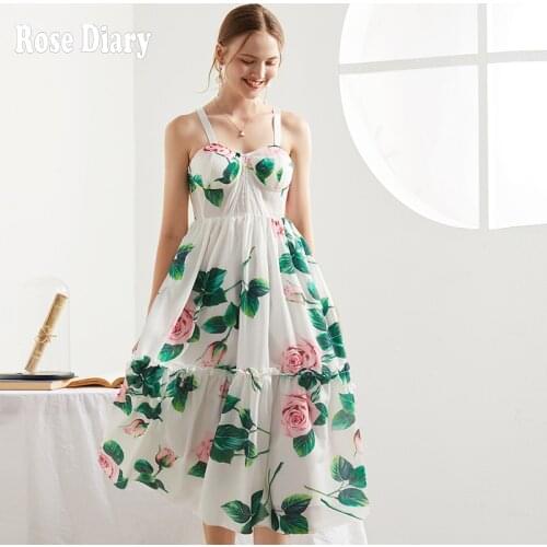 RoseDiary Summer Fashion Runway Beach Resort Dress Women Spaghetti Strap Print Ruched Slim Big swing Ladies Zevity Midi Dresses