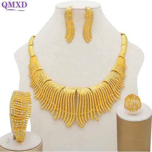 Bridal Jewelry Set Nigerian Wedding Dubai Gold Jewelry Sets for Women African Big Long Necklace Earrings Jewellery
