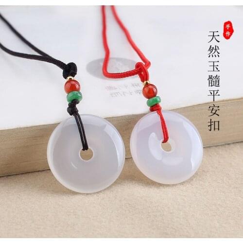 Natural White Agate Jade Safety Buckle Pendnat Chinese Necklace Carved Charm Jewellery Fashion Amulet for Men Women Lucky Gifts