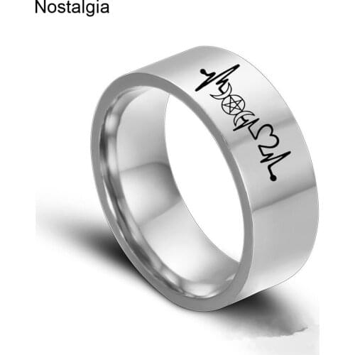 Stainless Steel Love Heart Triple Moon Goddess Wicca Witchcraft Pentagram ECG Heartbeat Wave Ring For Women Men