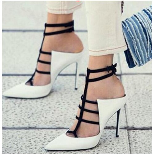 The Newest Lady Sexy Cut-outs Pointed Toe 11 cm Heel Ankle Strap Pumps Woman Mixed Color Slingback Shoes Woman Design High Heels