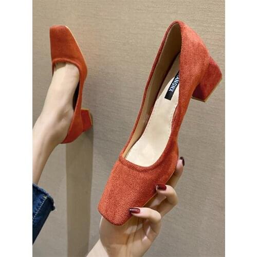 Single shoes womens 2021 spring and autumn new Korean fairy style gentle square toe mid-heel high heels set feet