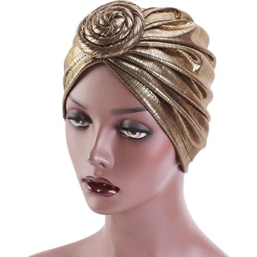New Women Metallic Flower Turban Vintage Flower Knotted Night Sleeve Chemo Cap Muslim Bandana Wedding Hat Hair Accessories
