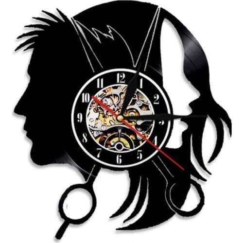 Hairdressers Sign Vinyl Record Wall Clock Barber Shope Wall Art Modern Watch Hanging Decor Hair Scissors Haircut Baber Gift