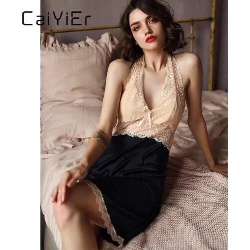 CAIYIER 2020 Sexy Lace Deep V Nightdress Backless Mesh Sheer Night Dress Ladies Lingerie Embroidery Sleepwear Women Underwear