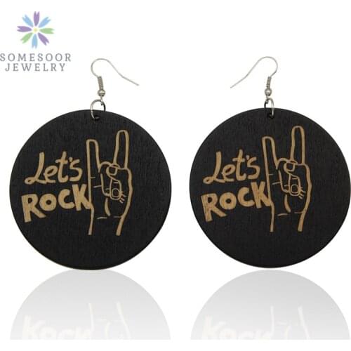 SOMESOOR Lets Rock Carved Wooden Drop Earrings Black Power Jewelry 6cm Large Size Fit Africans Americans Indians For Women Gift