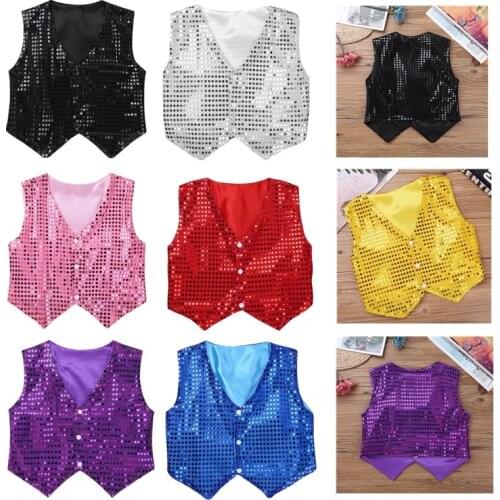 Boys Sequins Stylish Waistcoats Vests Hip-hop Jazz Dance Party Dressy Costume Kids Boy Sequined Vests Childrens Dancewear