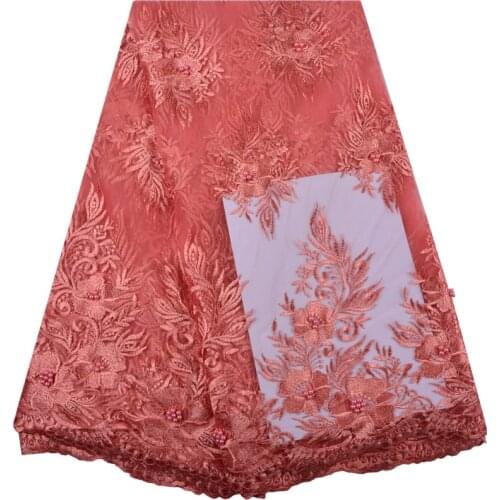 High Quality Nigerian Lace Fabrics 2018 Flowers African French Net Lace Fabric Embroidered Tulle Mesh Lace In Peach Color 1343