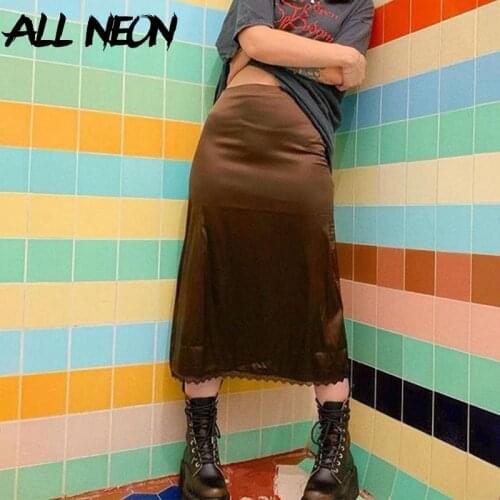 ALLNeon Y2K Fashion High Wiast Brown Satin Midi Skirts E-girl Streetwear Lace Trim A-line Vintage Skirt Cute Outfits Harajuku