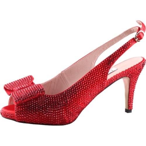 CHS1189 Custom Made Big Size Red Stones Crystal Shoes Slingbacks Block Low Heel Women Bridal wedding Shoes