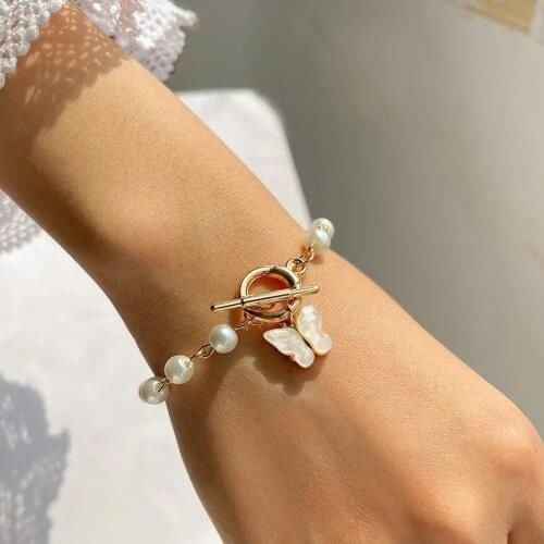 2021 Trendy Gothic Imitation Pearls Lock Bracelets Female Knot Butterfly Bracelet Bangles for Women Fashion Gold Color Jewelry