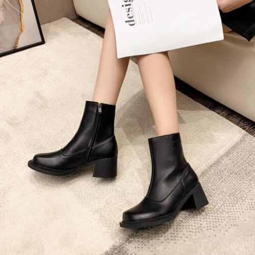 Women Autumn Mid Calf Boots Female white boots Punk Motorcycle Boot fall shoes Buckle Strap Zipper Ladies Low Heel Shoes LJB203