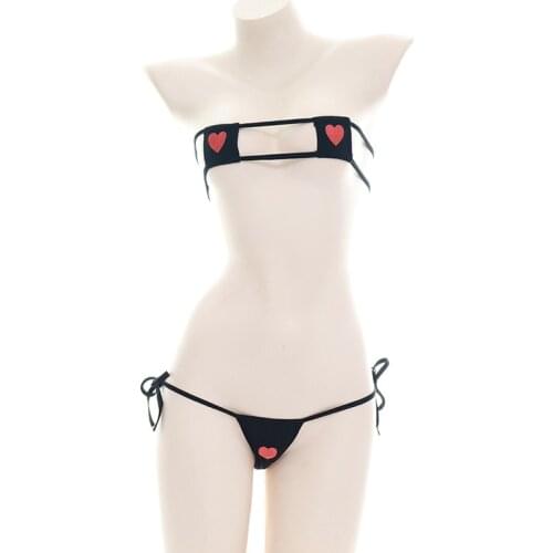 Women Japanese Sexy Lingerie Lolita Kawaii Heart Bandage Anime Cosplay Mini Bikini Cosplay Erotic Costumes Bra Underwear Set