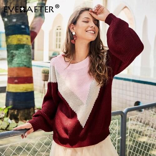 EVERAFTER Elegant knitted women sweater vintage geometrical O-neck Patchwork loose pullover jumper Autumn winter ladies sweater