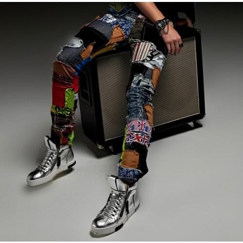 Famous brand European brand Style Men Slim Colorful Jeans Fashion Patchworks Stage Jeans Man Cool Street Amazing Special Pants