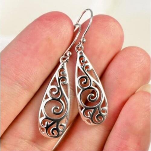 1Pair Bohemia Vintage Jewelry National Elements Tibetan Silver Carving Hollow Retro Drop Pendant Earring For Women