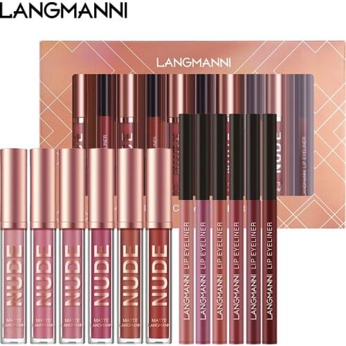 12Pcs/set Langmanni 6pcs Lip Gloss 6pcs Lip Liner Set Non-stick Matte Liquid Lipstick Lip pencil Moisturizer Nutritious Cosmetic