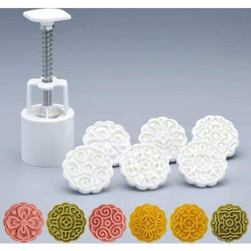 6Pcs/Set 3D Flowers Stamps Moon Cake Decor Mould Barrel Round Mooncake Mold 50g Pastry Mooncakes Hand DIY Tool