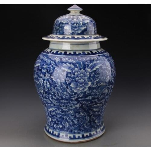 Antique Qing Dynasty Blue And White Porcelain Kiln Branch Peony Porcelain temple jar Antique Classical ceramic Ginger jar vase